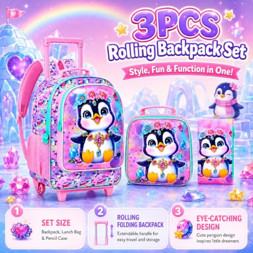 3Pcs Rolling Backpack for Girls, Penguins Kids School Backpacks with Wheels, Roller Bookbag with Lunch Box for Elementary Preschool(Pink) - color: Penguin Pink