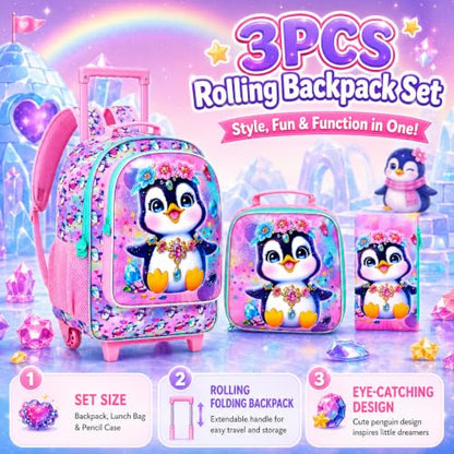 3Pcs Rolling Backpack for Girls, Penguins Kids School Backpacks with Wheels, Roller Bookbag with Lunch Box for Elementary Preschool(Pink) - color: Penguin Pink