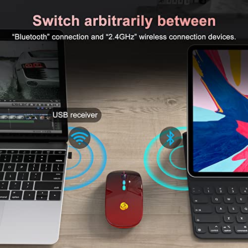 CC Store LED Wireless Mouse, Bluetooth Mouse &2.4GHz Instant Connection,Rechargeable Ultra Silent Slim,3 DPI 2 Connection Modes with USB-C to USB Adapter for Laptop/MacBook/PC/Tablet/iPad (Black-red) | Bluetooth mouse with 2.4GHz USB receiver, silent slim