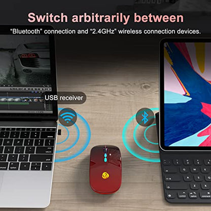 CC Store LED Wireless Mouse, Bluetooth Mouse &2.4GHz Instant Connection,Rechargeable Ultra Silent Slim,3 DPI 2 Connection Modes with USB-C to USB Adapter for Laptop/MacBook/PC/Tablet/iPad (Black-red) | Bluetooth mouse with 2.4GHz USB receiver, silent slim