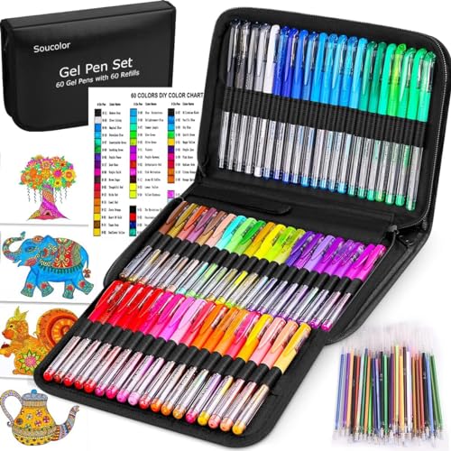 Soucolor 120 Gel Pens Set Adult Coloring Books Refills Art Markers | Gel Pen Set Includes 60 Vibrant Colors, 60 Refills, Coloring Sheets & Portable Case for Adult Coloring Books - color: Black