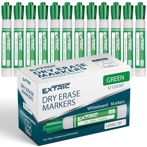 EXTRIC Green Dry Erase Markers 12 PK Whiteboard Marker Chisel Tip | Use: Whiteboards and Glass Boards, Color: Vivid Green Ink, Tip Style: Chisel Tip, Feature: Low-Odor, Non-Toxic - color: Green, size: 1 Count (Pack of 12)
