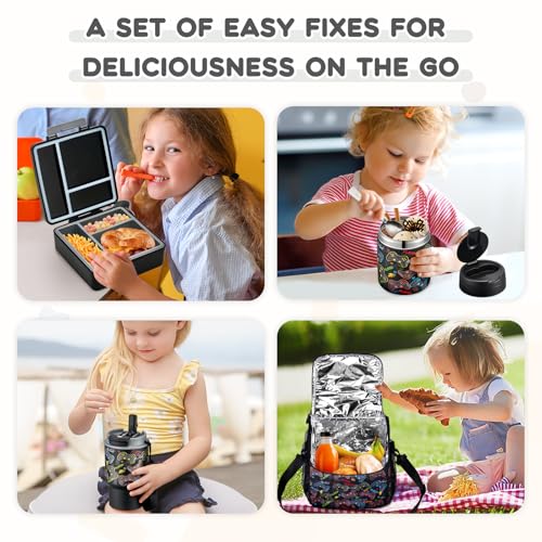 Pawtong Lunch Box Set with Bento Box Container, 17OZ Stainless Steel Food Soup Thermo, Kids Water Bottle & Portable Insulated Lunch Bag – Leakproof, Hot/Cold Retention for School, Travel (Black-Game) - color: Black-Game