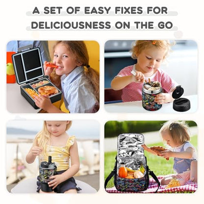 Pawtong Lunch Box Set with Bento Box Container, 17OZ Stainless Steel Food Soup Thermo, Kids Water Bottle & Portable Insulated Lunch Bag – Leakproof, Hot/Cold Retention for School, Travel (Black-Game) - color: Black-Game