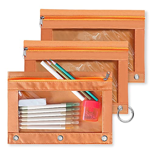 Pencil Pouch 3 Ring Binder,3 Packs Binder Pencil Case with Zipper Closure, Multi-Color Big Capacity Pencil Case, Clear Window Binder Pencil Pouch, Pencil Bag with 3 Re-enforced Grommets. Burnt Orange
