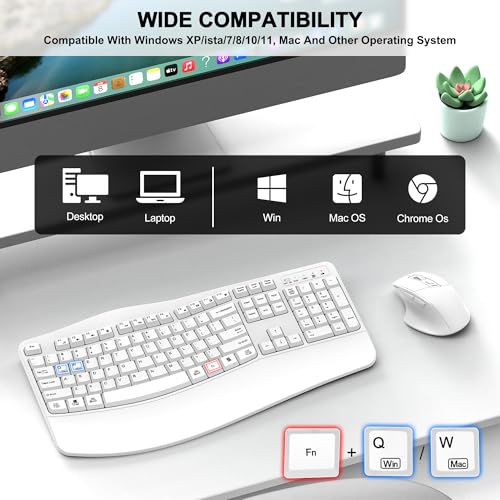 Wireless Keyboard and Mouse Combo, 2.4G Full Size Wave Keys Ergonomic Keyboard with Wrist Rest and 3-Level DPI Adjustable Wireless Ergonomic Mouse for Windows, Mac OS Desktop/Laptop/PC(White) - color: White
