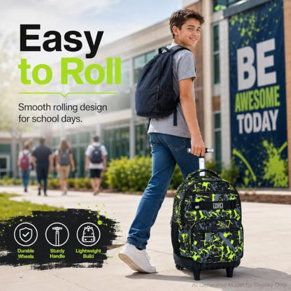 3Pcs Rolling Backpack for Boys, Men Roller Bag with Wheels for Adults, 19 Inche Graffiti Wheeled Bookbag with Lunch Box(Green) - color: Graffiti Green