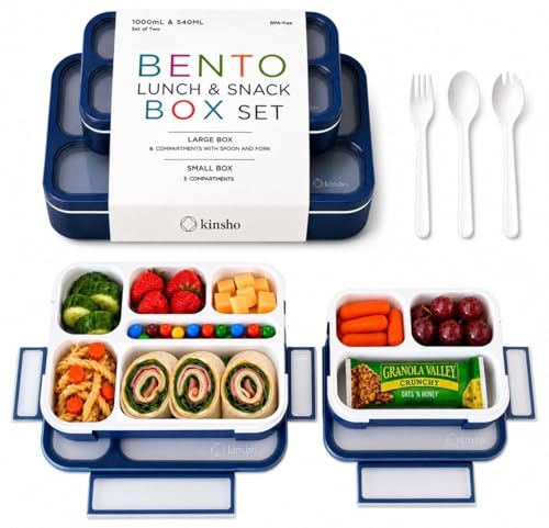 kinsho Bento Lunch-Box Set for Kids Includes Snack Container | 6 and 3 Compartment Boxes Leakproof School Bentos, Meal Portion Control Containers, Boys Girls Adults, Navy Blue Large + MINI 2 Pack Set - color: Navy Blue Large + MINI 2 pack