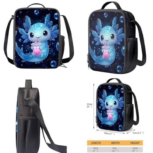 Blue Axolotl Kids Backpack Set 3Pcs with Lunch Bag Pen Bag Set Portable Lunch Bag Multifunctional Pencil Case Lightweight Casual Daypacks for Elementary School Students - color: Blue Axolotl
