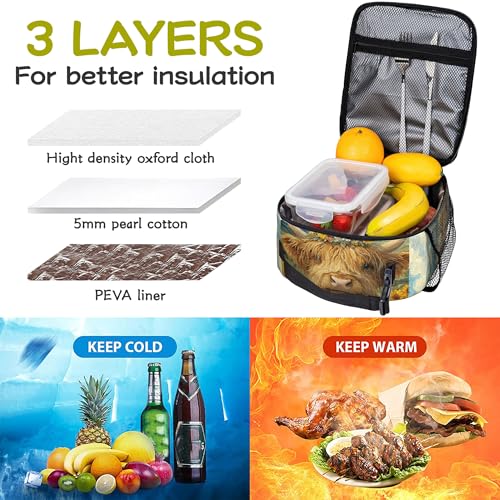 Highland Cow Sunflower Kids Lunch Bag Insulated Lunch Box Cooler Freezable Meal Prep Bag with Shoulder Strap Waterproof Lunch Container for Boys Girls School Office Picnic - color: Highland Cow Sunflower