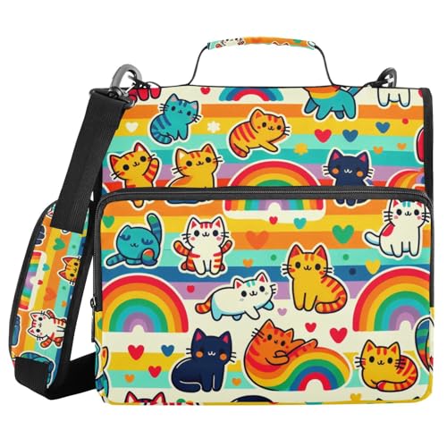 3 Ring Zipper Binder with Shoulder Strap, 600 Sheets Capacity, Cute Rainbow Cats 1.5 Inch Zipper Binder 3 Ring with Multiple Pockets & Expanding File Folder