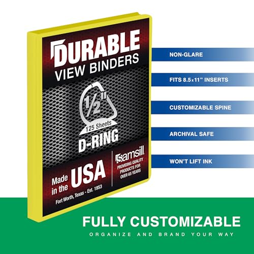 Samsill Durable 0.5 Inch Binder, D Ring Binder, Customizable Clear View Cover, Lemon Yellow, Holds 125 Pages - color: Yellow, size: 1 Pack