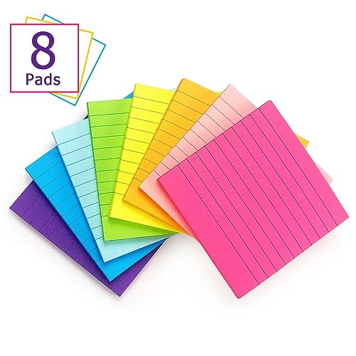 Eastern Wolf Lined Sticky Notes, 4x4in, 8 Bright Colors Pads, 50 Sheets/Pad | Self-Stick & Removable, Office/School/Home Use - color: 4x4 8 Pads