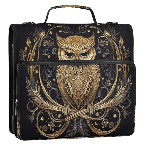 Gold Owl Zipper Binder 3 Ring with Shoulder Strap and Handle Multiple Pockets Expanding File Folder Organizer