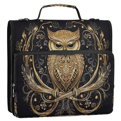 Gold Owl Zipper Binder 3 Ring with Shoulder Strap and Handle Multiple Pockets Expanding File Folder Organizer