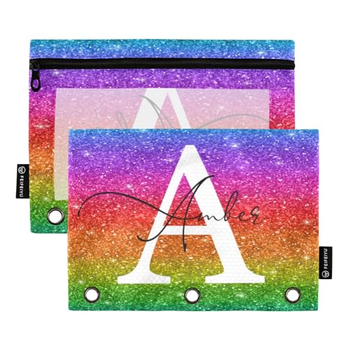 Personalized Pencil Pouch for 3 Ring Binder Multicolored Glitter Custom Pencil Pouches Case Binder Cosmetic Bag 2 Pack for Office School College Supplies - color: Multicolored Glitter