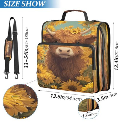 3 Ring Zipper Binder Highland Cow Sunflower Binders Bag with Shoulder Strap 500 Sheets Paper Organizer Trapper Keeper Documents Storage File Folder for School Office - color: A2842