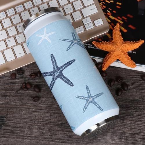 T&H XHome Starfish 14oz Stainless Steel Tumbler with Lid & Straw-Double Wall Vacuum Insulated Travel Mug Starfish Coastal Marine Life Multi Blue Linen Water Bottle Coffee Beverage Drinks Cup - size: 14 Ounces