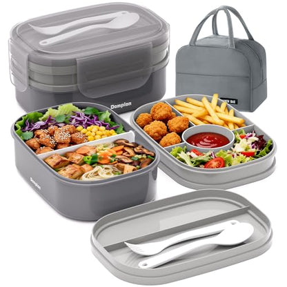 2 Layers Bento Box, All-in-One Stackable Lunch Container with Compartments, 64oz Leakproof Microwave Safe Dishwasher Safe Bento Box with Lunch Bag and Utensil Set for Kids and Adults - color: Gray