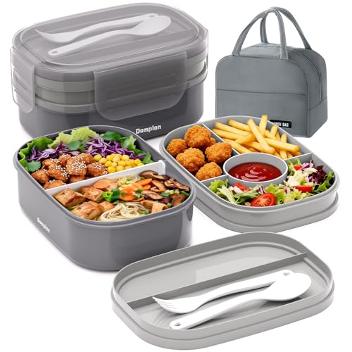 2 Layers Bento Box, All-in-One Stackable Lunch Container with Compartments, 64oz Leakproof Microwave Safe Dishwasher Safe Bento Box with Lunch Bag and Utensil Set for Kids and Adults - color: Gray