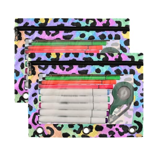 Kcldeci Pencil Pouch for 3 Ring Binder, Leopard Print Cute Cheetah Spots 2 Pack Binder Pencil Pouch with Clear Window Pencil Bags with Zipper Pencil Case for Binder - color: C05