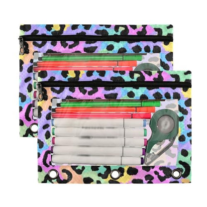 Kcldeci Pencil Pouch for 3 Ring Binder, Leopard Print Cute Cheetah Spots 2 Pack Binder Pencil Pouch with Clear Window Pencil Bags with Zipper Pencil Case for Binder - color: C05