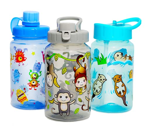 3 Pack 16oz Kid Water Drinking Bottle - BPA Free, Flip Straw Cap, Carry Loop, Chug Lid, Wide Mouth, Lightweight, Leak-Proof Water Bottle with Cute Design For Girls & Boys - Animals - color: Animals