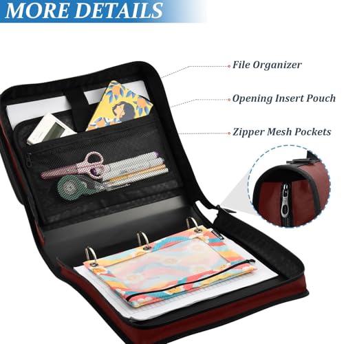 1.5 Inch 3 Rings Binder Zipper with Strap Waterproof School Binders Organizer for School/Office Burgundy - color: Burgundy