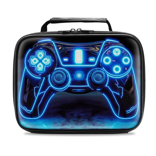 Gamer Lunch Box for Boys,Leather Boys Lunch Bag for Kids,Gamer Gifts for Kids,Insulated Video Game Lunchbox,Reusable Portable Lunchbox for School Travel Picnic Hiking Beach - color: Game Controller-A cyan-blue light