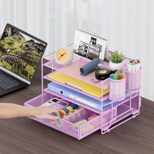 Marbrasse 4-Trays Desk File Organizer with 2 Pen Holder, Desktop Hanging File Holder with Drawer, Paper Letter Tray Organizer (Purple) - color: Purple with Pen Holder