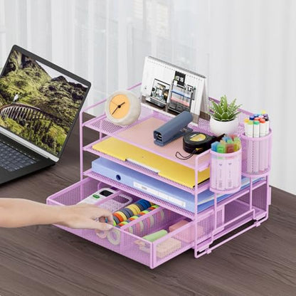 Marbrasse 4-Trays Desk File Organizer with 2 Pen Holder, Desktop Hanging File Holder with Drawer, Paper Letter Tray Organizer (Purple) - color: Purple with Pen Holder