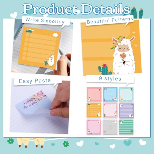 Alpaca Sticky Notes Gifts, 9 Pack Colorful Llama Notepads 3x3 Inch, Mexican Camel Self-Stick Memo Pad Office School Supplies Gifts for Women Men (450 Sheets) - style: Alpaca