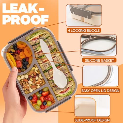 Bento Box for Adults,4 Compartments Lunch Box, Snack Containers Reusable Lunch Containers Drop-Proof, Dishwasher Safe & Made with BPA-Free Materials, Beige - color: Beige