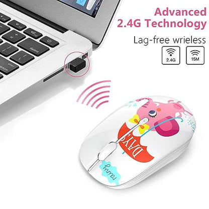 JUHOO Wireless Mouse with Nano Receiver for PC, Laptop, Notebook, Computer, MacBook, Less Noise, Portable Mobile Optical Mice - style: Pink Elephant