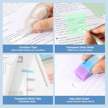 MoKo Pencil Case with Supplies, 60Pcs Aesthetic School Set, Blue | Includes highlighters, gel and ballpoint pens, mechanical pencils, refills, sticky notes, correction tapes and rulers. - color: Blue-60P