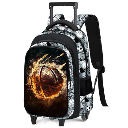 Boys Rolling Backpack for Kids - Basketball Kids Rolling Backpack with Wheels for Elementary Middle School Students - Sport Roller School Bookbag Aged 6-18, Wheeled Travel Bag Large Capacity - color: Basketball-002-backpack Only