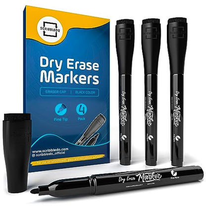 Scribbledo 4 Pack Fine Tip Dry Erase Markers Black Low-Odor Whiteboard Markers with Eraser Cap for Office Meetings Planning Boards & Home Workspace