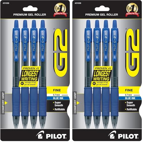 PILOT G2 Premium Gel Roller Pens,Fine Point 0.7 mm,Blue Ink Pens Fine Point,- Ideal for School,Journaling,and Office Writing,4 Count (Pack of 2) - color: Blue (Pack of 2)