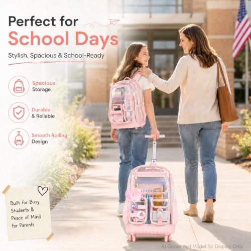 WZLVO 3PCS Clear Backpack Rolling Backpack for Girls, Heavy Duty PVC Transparent Bookbag, See Through School Bags with Wheels for Teens Women Elementary Travel - Pink - color: Pink