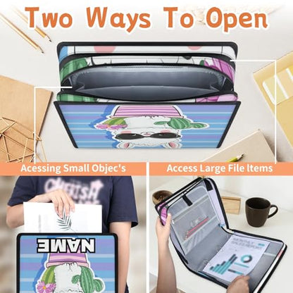 Custom Zipper Binder Funny Cactus Llama 3 Ring Binder 1.5 Inch Expanding Pockets File Folder Large Capacity Document Organizer Bag with Handle and Strap - color: Multi 2