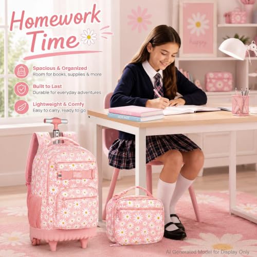 AGSDON Rolling Backpack for Girls, Women Roller Wheels Bookbag, Laptop Daisy Wheeled School Bag with Wheels for Teens - color: Daisy Pink 01