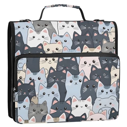 3 Ring Zipper Binder with Shoulder Strap Cat Cute Blue 1.5 inch Binders Keeper Large Capacity Multi Pockets for School Office Supplies - color: Multi605, size: Fit 500 Sheets