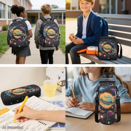 Cosmic Planet Backpack for Boys Girls Kids Backpack with Lunch Box Water Bottle Carrier and Cute Pencil Case 4PCS Set Bookbag with Front Pocket for School 17 inch Large School Bag Graduation - color: Cosmic Planet