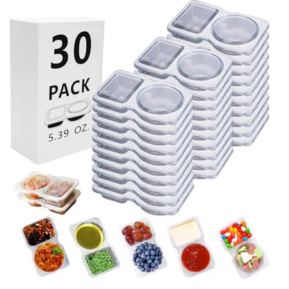 30 Sets Reusable Snack Containers Double Compartment Snackle Box Container with Lids - Leak-Proof BPA-Free Food Storage, Condiments Portion Control Dip Cups for Kids School Lunches, Meal Prep, Takeout - color: Transparent 30-pack