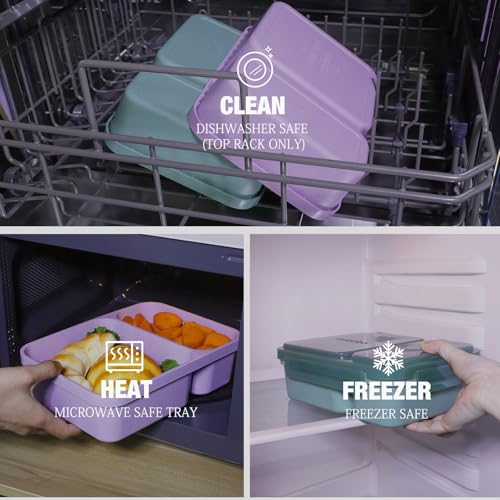 Caperci 2 Pack Salad Containers - Extra-Large 62 oz Bento Lunch Box for Adults, 2-Compartment Meal Prep Container with Removable Toppings Tray, Sauce Cup, Reusable Fork, BPA-Free (Purple & Green) - color: Khaki Green & Purple