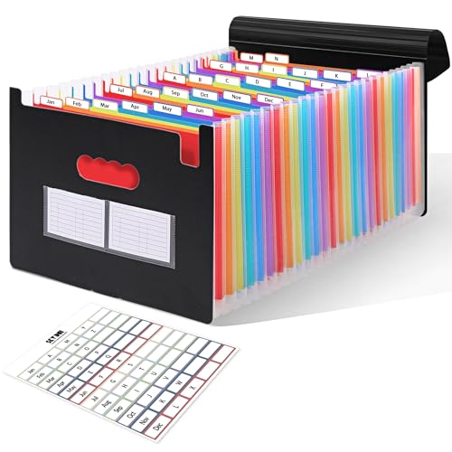 SKYDUE Accordion File Organizer with 26 Pockets & Label Stickers, Expanding File Folders Fit for A4 & Letter Size Paper, Multi-Functional Document Organizer for Home & Office File Management - color: Blak