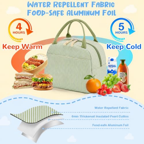 CAMTOP Lunch Box Kids Insulated Lunch Bag Large Reusable Leakproof Cooler Lunch Bags for Boys Girls School Travel Picnic (Sage Green Strip) - color: Sage Green Strip