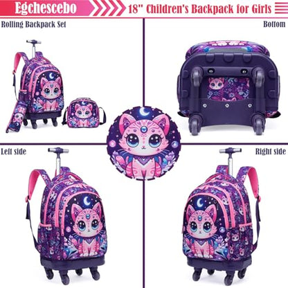 Kids Rolling Backpack for Girls Cats Suitcases Trolley Roller Luggage Backpacks with 360° Rotating Wheels 15" Laptop Lunch Box Pencil Case for Elementary 18" Travel School Bag Purple - color: Purple-maomi-1220