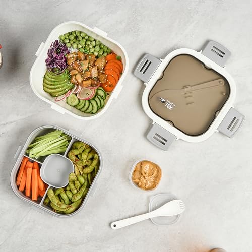 Restaurantware-Bento Tek 57.5 Ounce Bento Box, 1 Reusable Lunch Container - With Fork And Knife, Does Not Contain BPA, White And Gray Plastic Reusable Lunch Box, Microwavable, Dishwashable - size: 1 Count, style: 58 oz - White