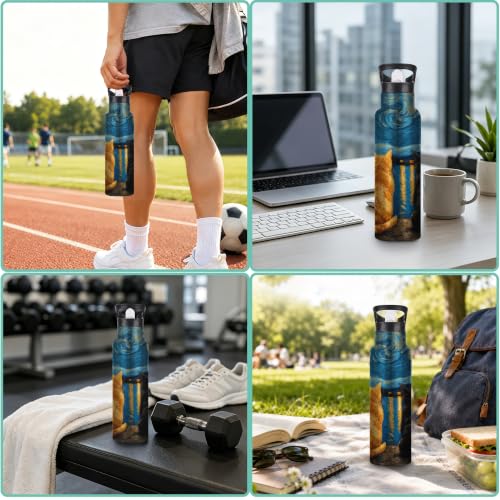 Cat Night Insulated Water Bottle,Starry Night Stainless Steel Water Bottles 20 oz with Straw Lid,Leak Resistant Double Wall Insulated Flask with Handle for Travel Outdoor Gym - color: Cat Night,Starry Night